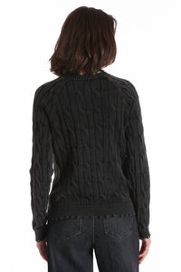 Minnie Rose - Cotton Stone Wash Distressed Cable Crew Top