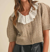 Mable - Lace Crochet Collar Pointelle Knit Cardigan