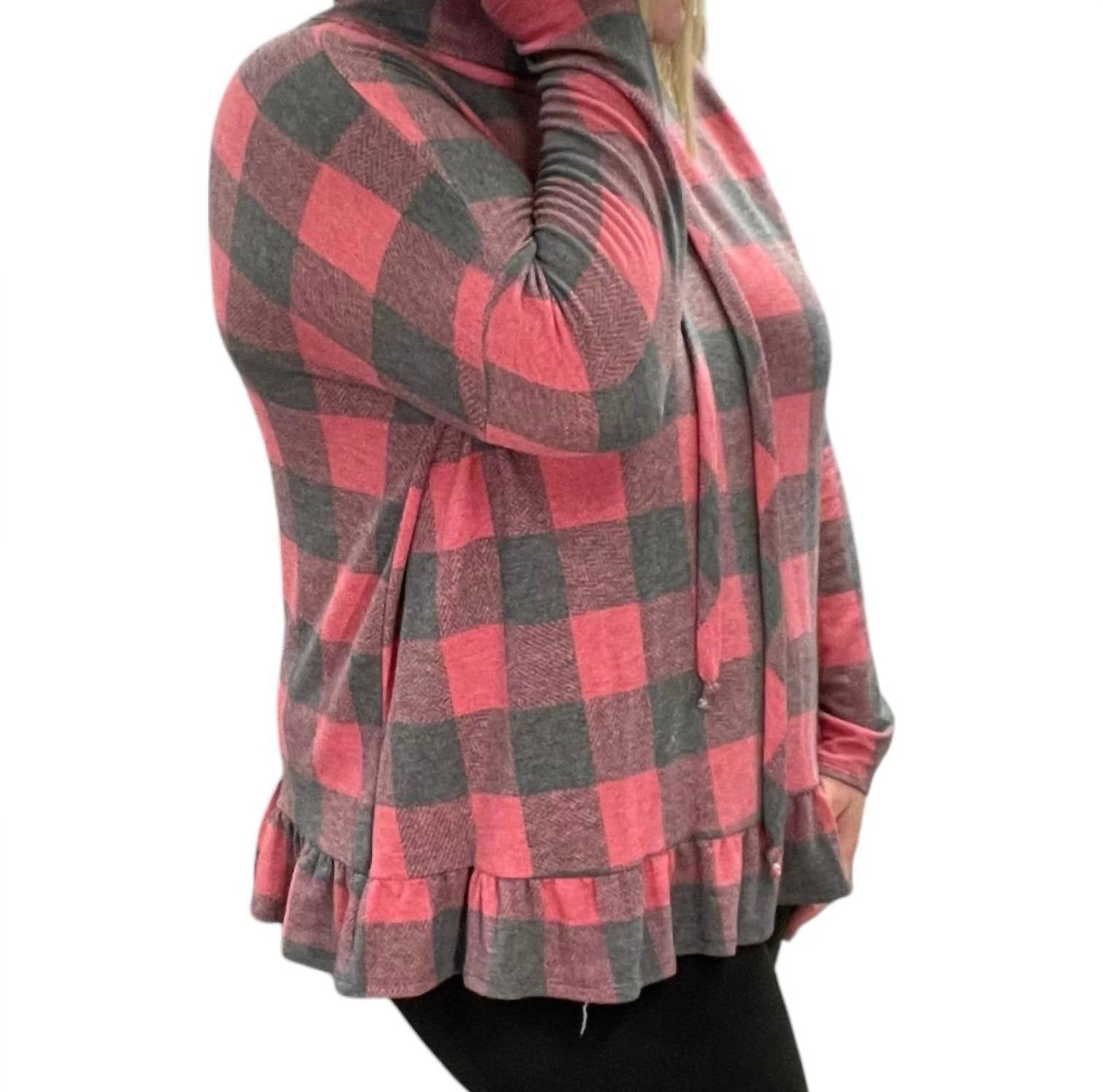 Honeyme - Plaid Long Sleeve Hooded Top