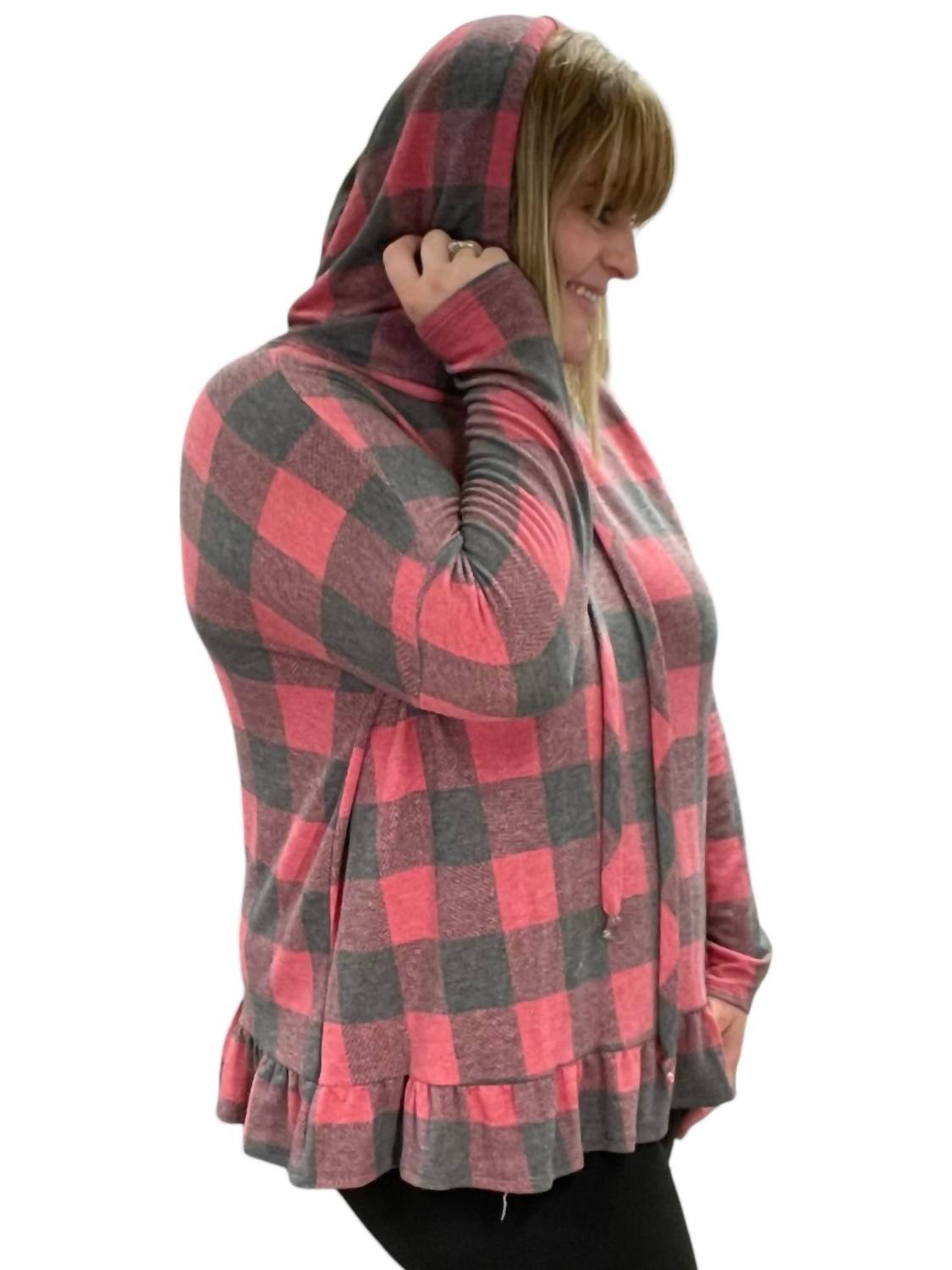 Honeyme - Plaid Long Sleeve Hooded Top