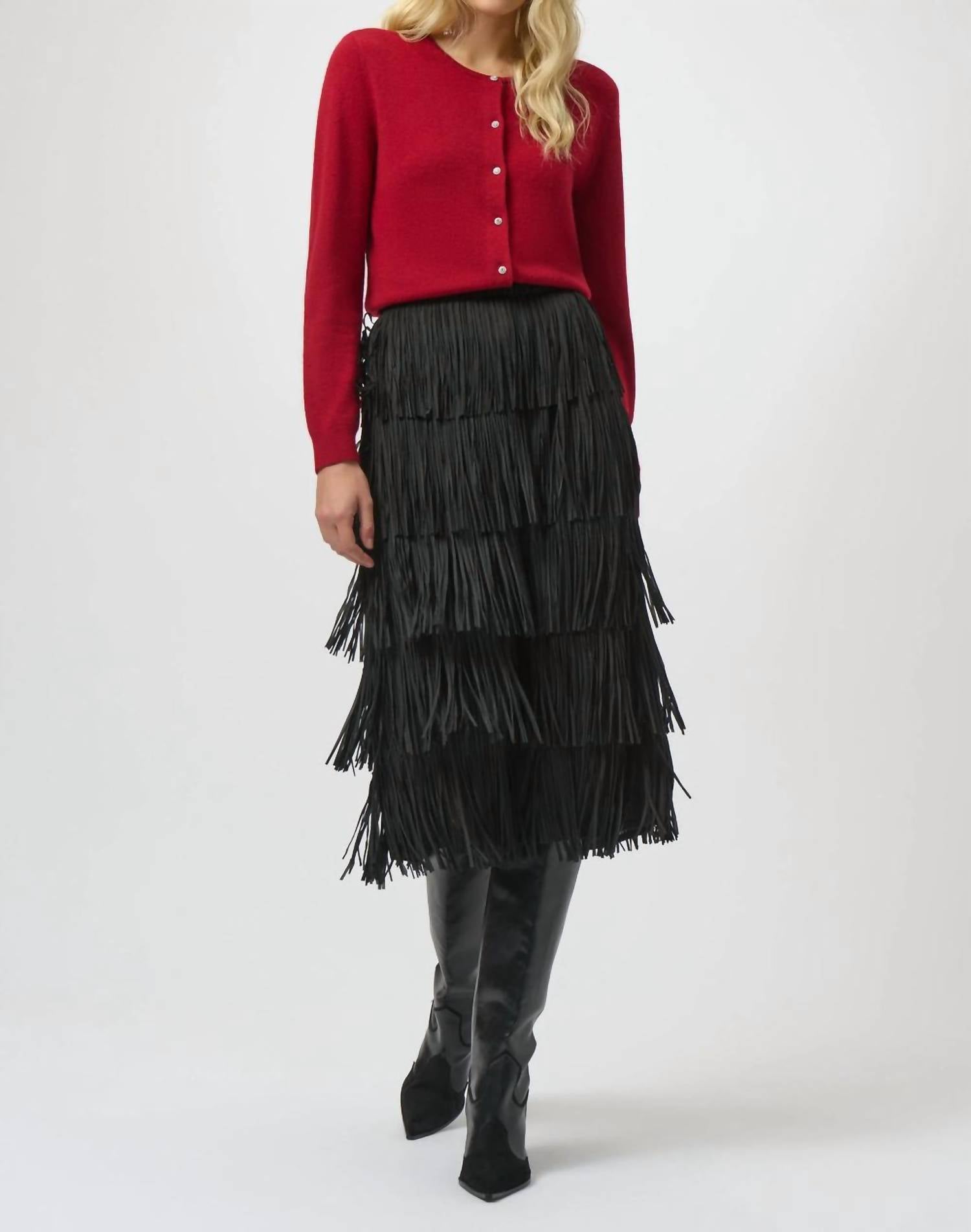 Joseph Ribkoff - Pleated Pencil Midi Skirt With Tiered Fringes