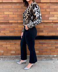 ELAN Print Knit Cardigan in brown cheetah 1 - women's cardigan - detail view