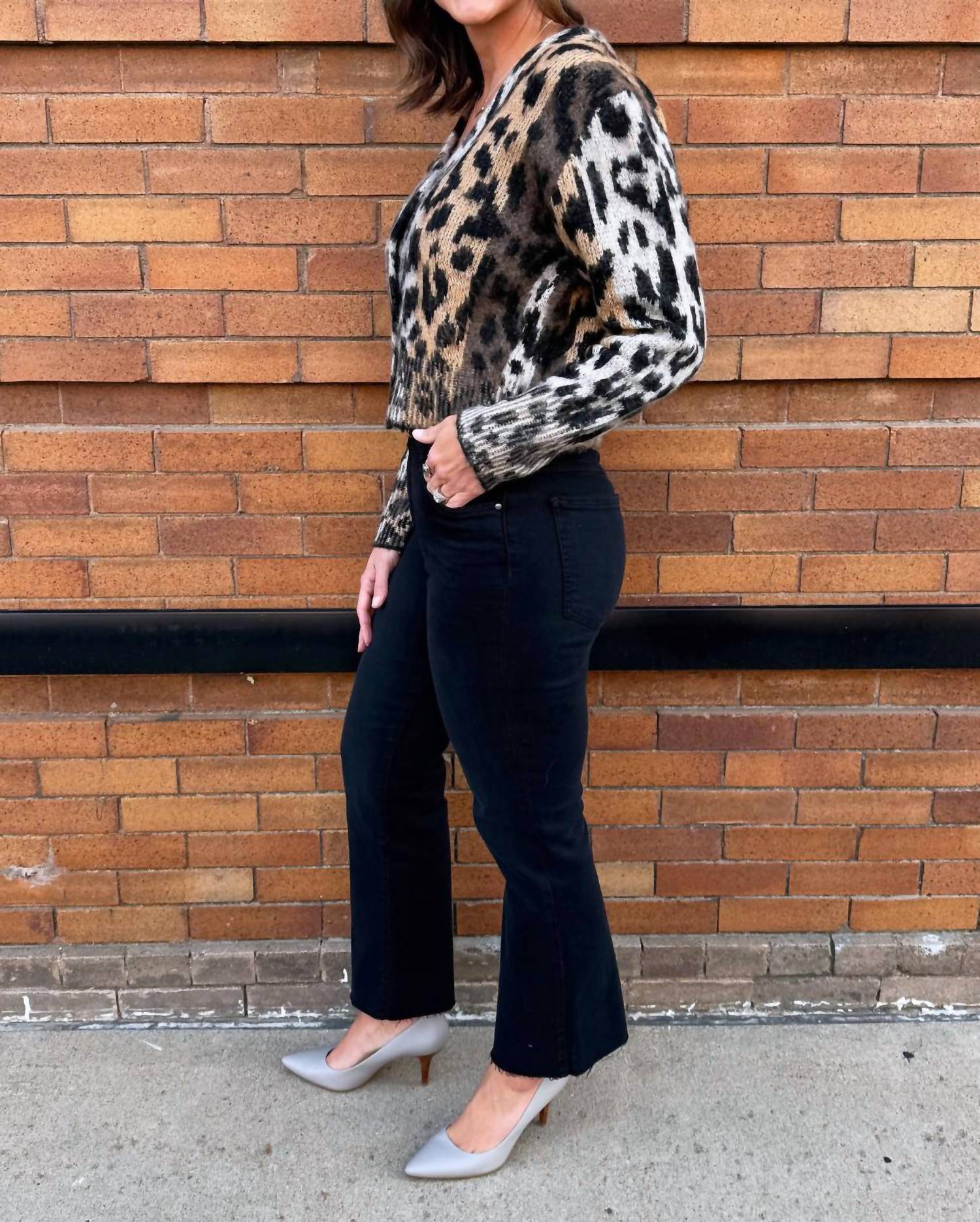 ELAN Print Knit Cardigan in brown cheetah 1 - women's cardigan - detail view