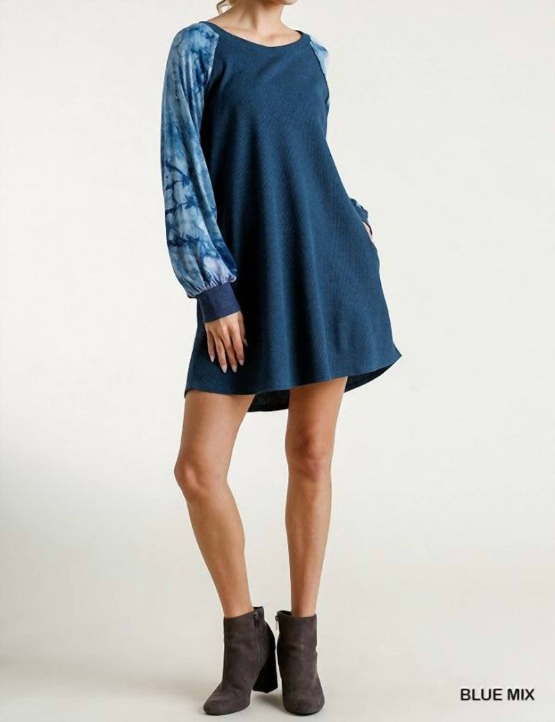 umgee waffle knit dress Tie Dye Raglan Sleeve Waffle Knit Dress In Blue