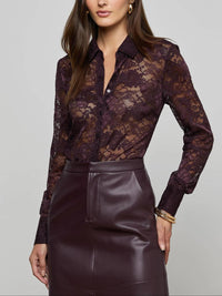 L'Agence Maia Lace Button Down Blouse in dark malbec - women's blouse