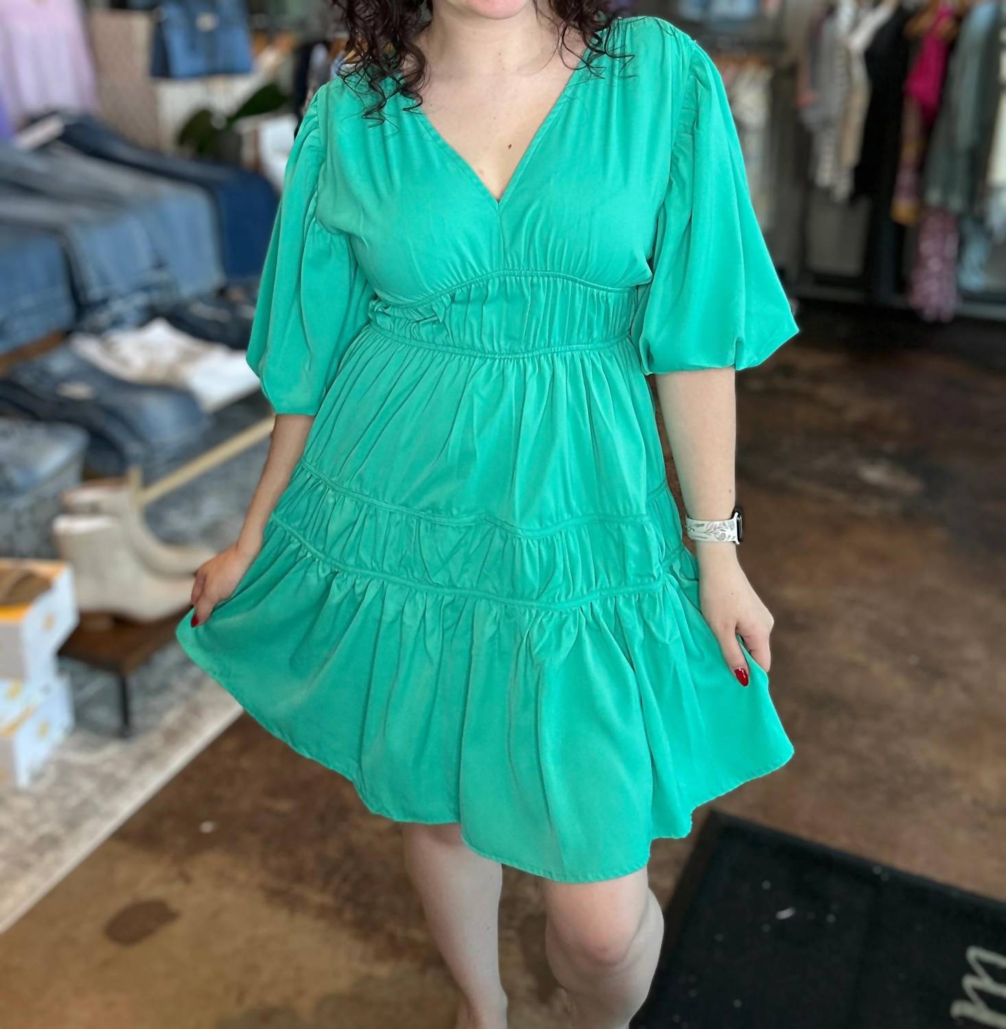 She + Sky - V-Neck Tiered Balloon Sleeve Dress