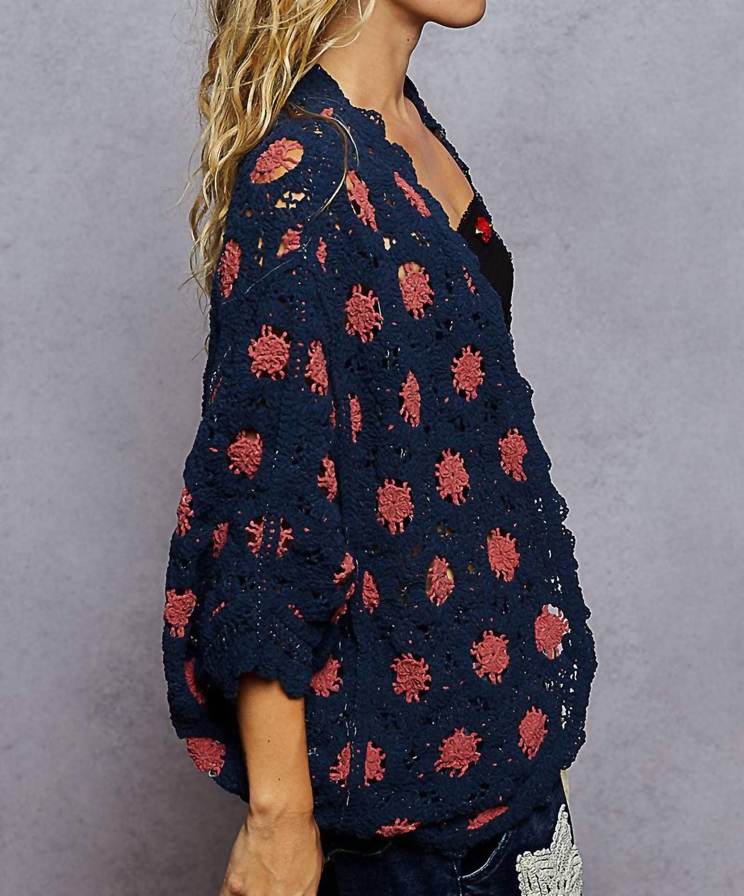 POL Floral Crochet Cardigan in navy - women's cardigan - detail view