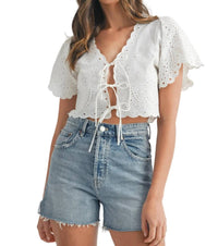 MABLE Floral Eyelet Linen-blend Tie-front Crop Blouse in white - women's blouse - detail view