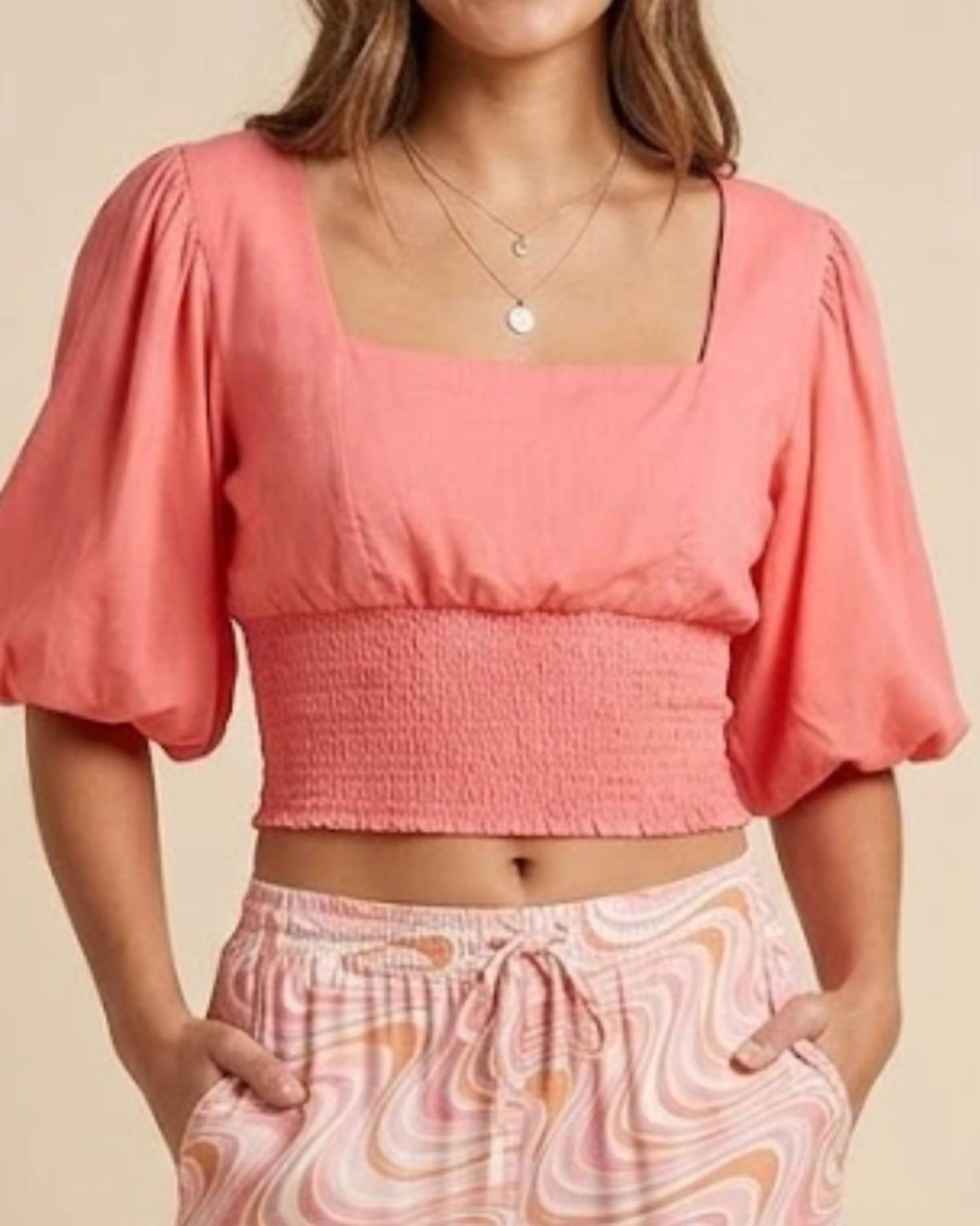 SKEMO Watermelon Puff Sleeve Top in coral - women's shirt - detail view