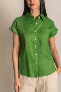P.CILL Linen Relaxed Short Sleeve Button Up Shirt in grass - women's shirt - view 7