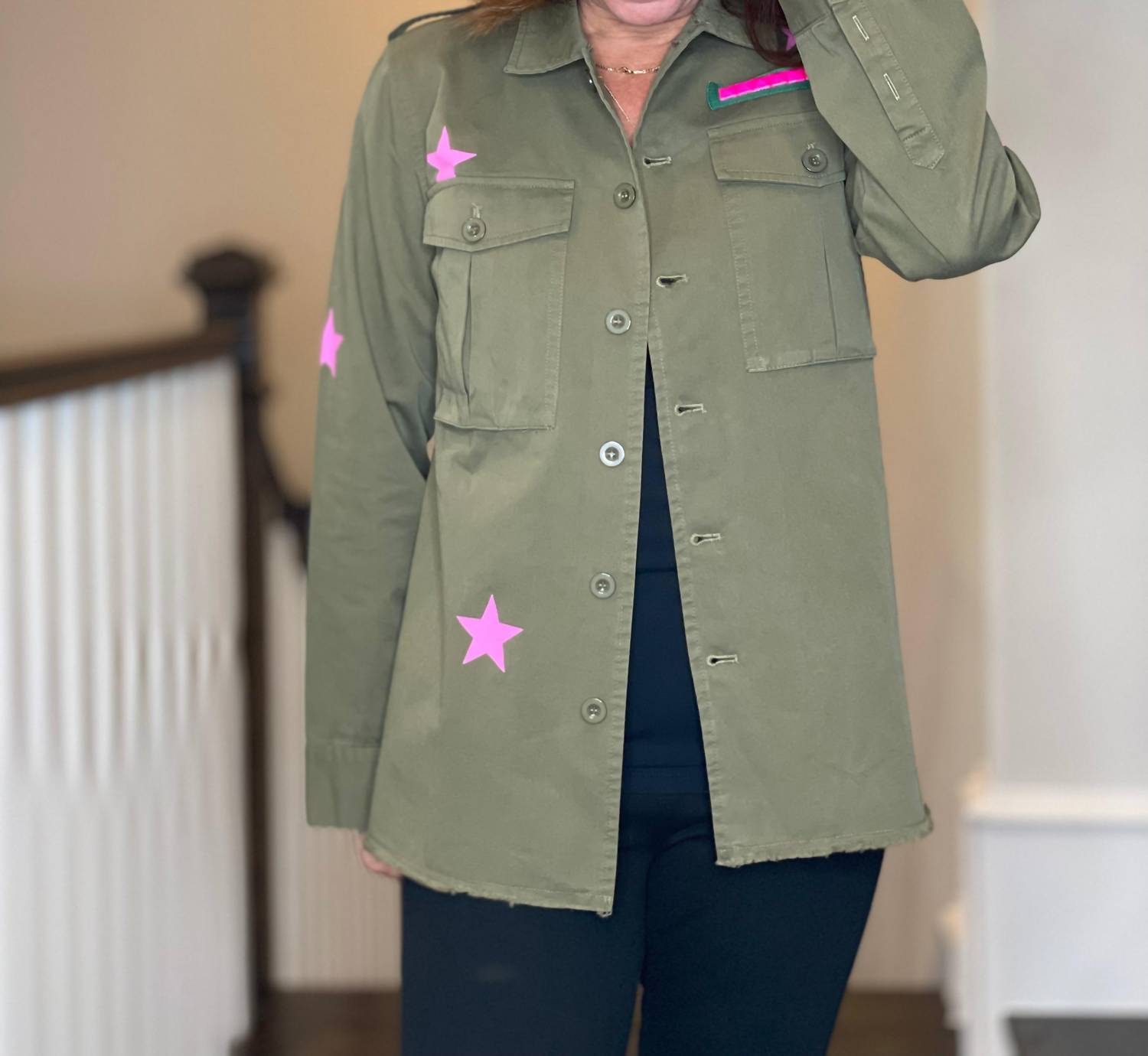 Moving Forward - Army Shacket with Rhinestone Peace Sign