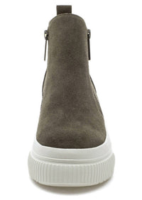 J/SLIDES Women's Wyona Waterproof Suede Platform Ankle Boots in khaki - women's shoe - detail view