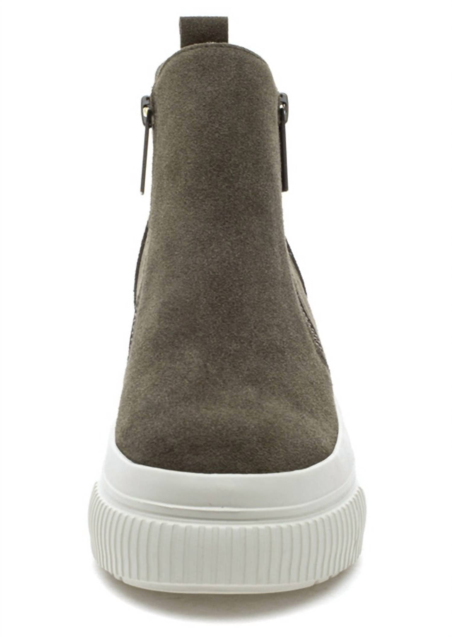 J/SLIDES Women's Wyona Waterproof Suede Platform Ankle Boots in khaki - women's shoe - detail view