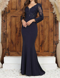 Adora Design - Long Sleeve Lace Applique Fitted Formal Gown