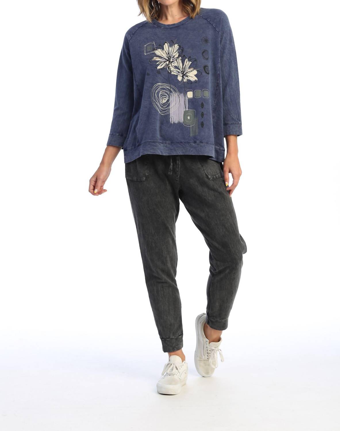 Jess & Jane Mia Mineral Washed French Terry Top in denim - women's t-shirt