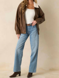 Blu Pepper - Faux Leather Shearling Collar Zip Up Jacket