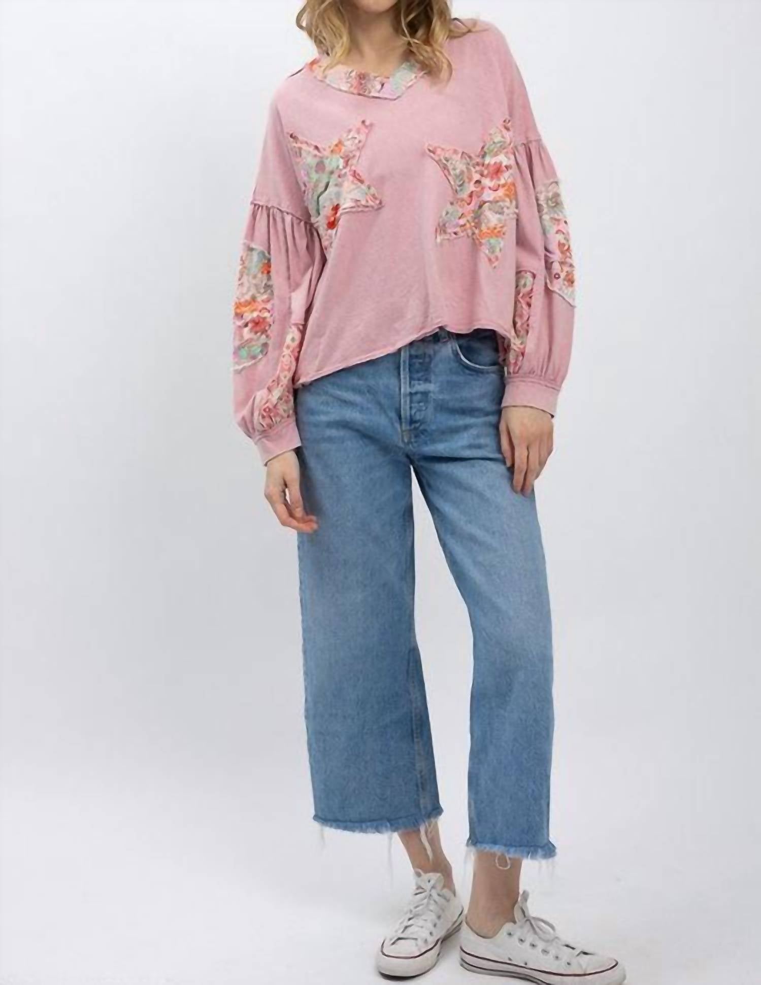 Blue Velvet - Patchwork Balloon Sleeve Top