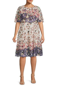 Maison Tara - Floral Print Short Sleeve Cape Fit & Flare Dress