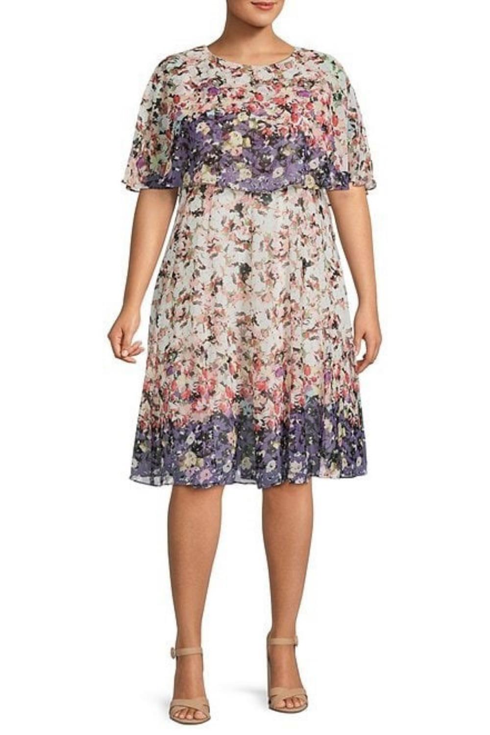 Maison Tara - Floral Print Short Sleeve Cape Fit & Flare Dress