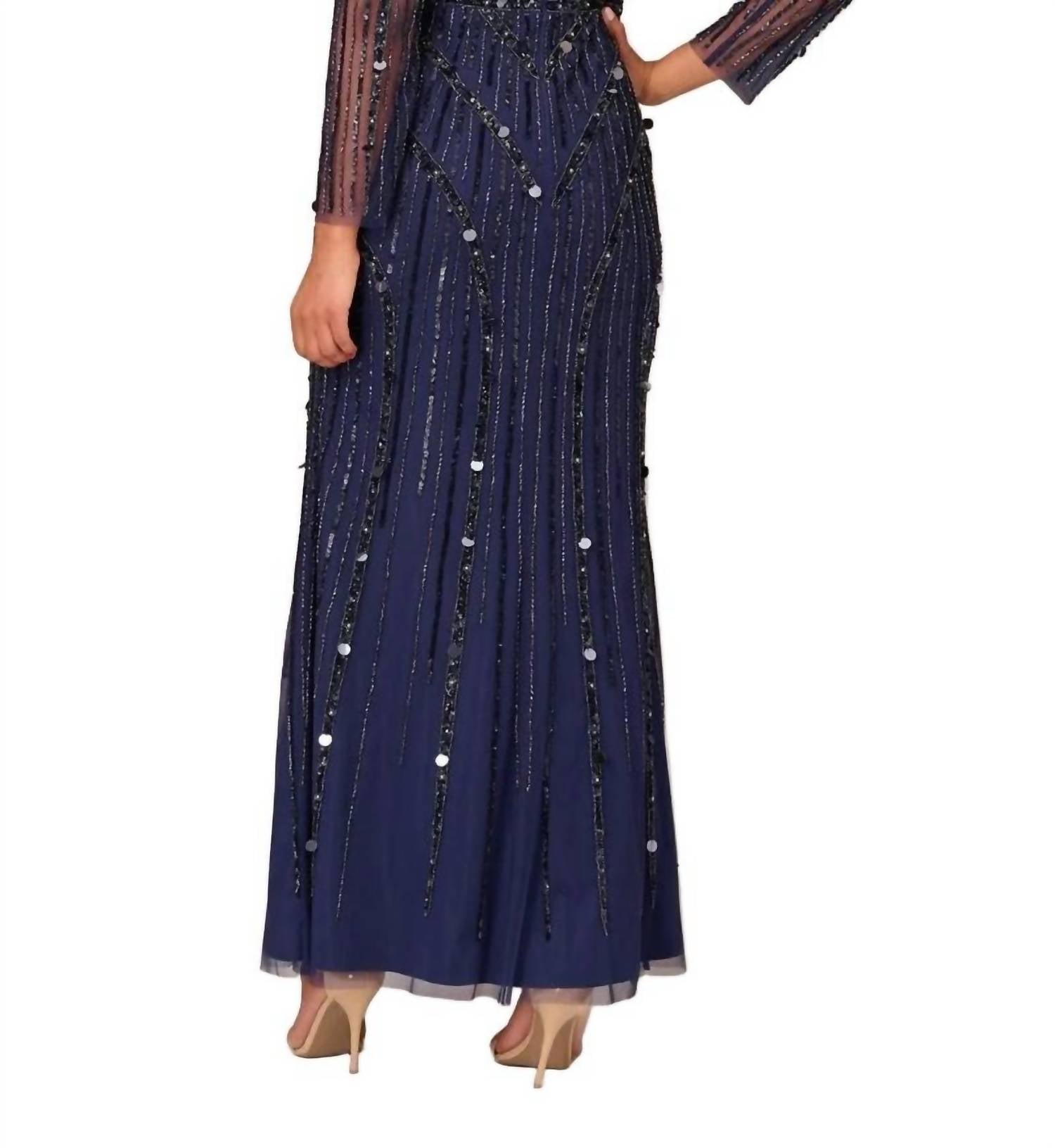 Aidan Mattox - V-neck Illusion Long Sleeve Mesh Dress