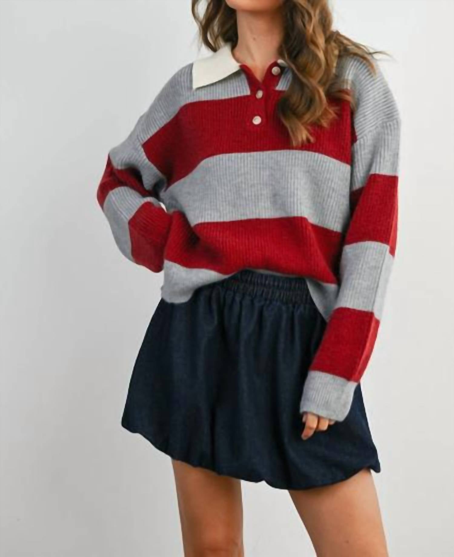 Buttermelon - Buttoned Striped Collared Long Sleeve Top