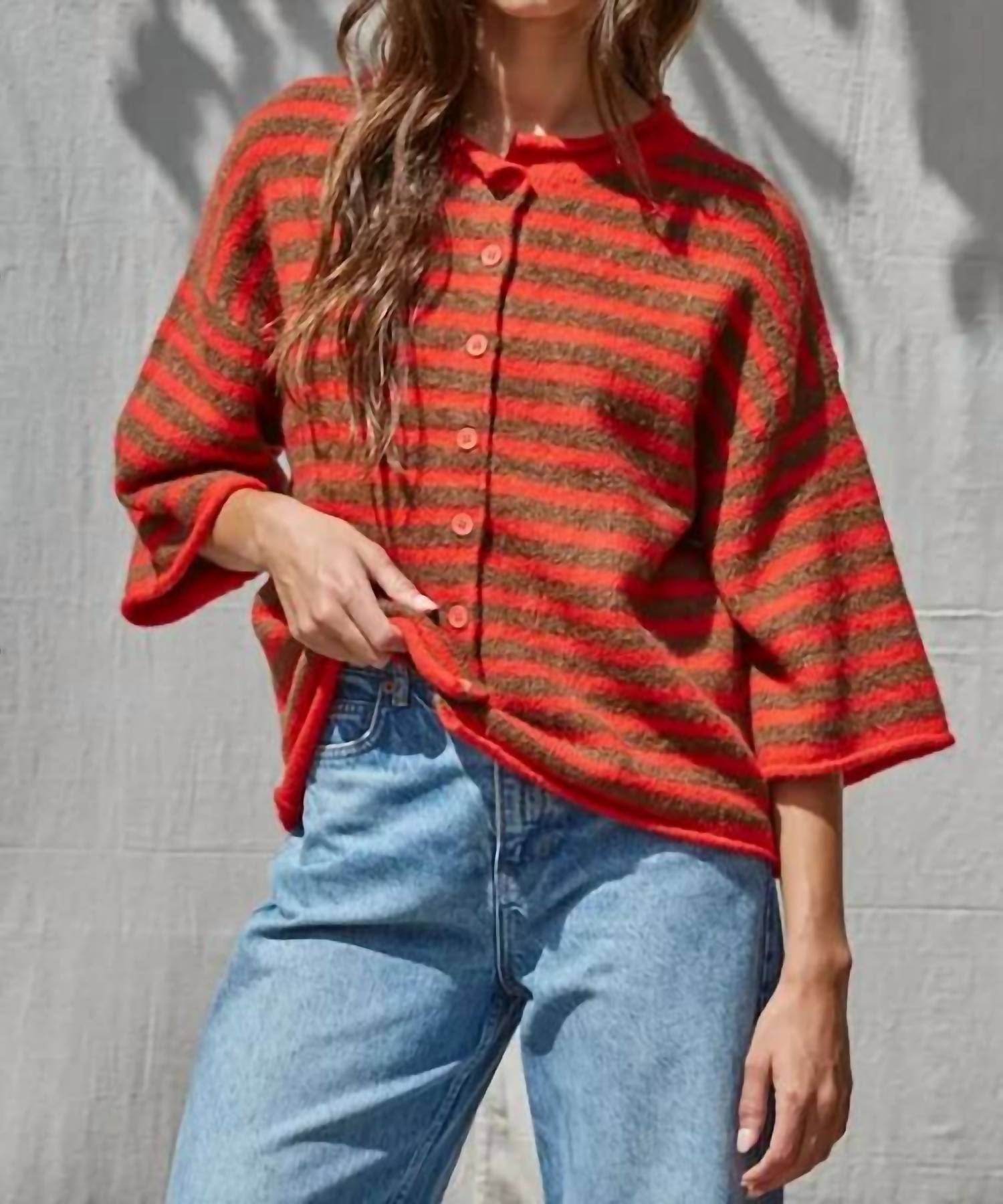 By Together - Striped Knit Quarter Sleeve Cardigan Sweater