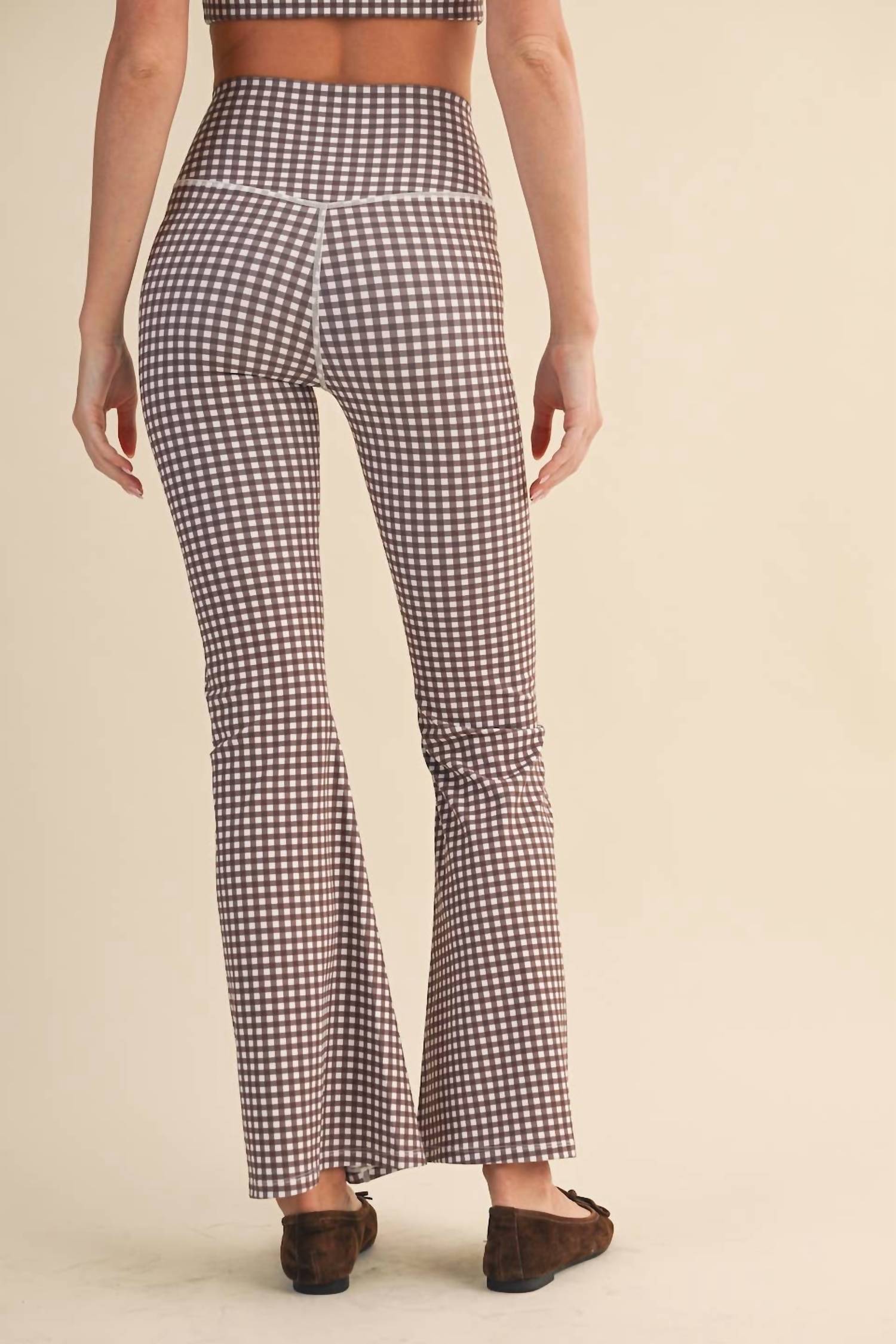 Kimberly C - Gingham Print High Waist Crossover Flare Legging
