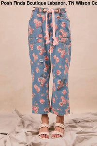 Vanilla Monkey - Women's Braided Waist Belt Patch Pocket Floral Denim Pants