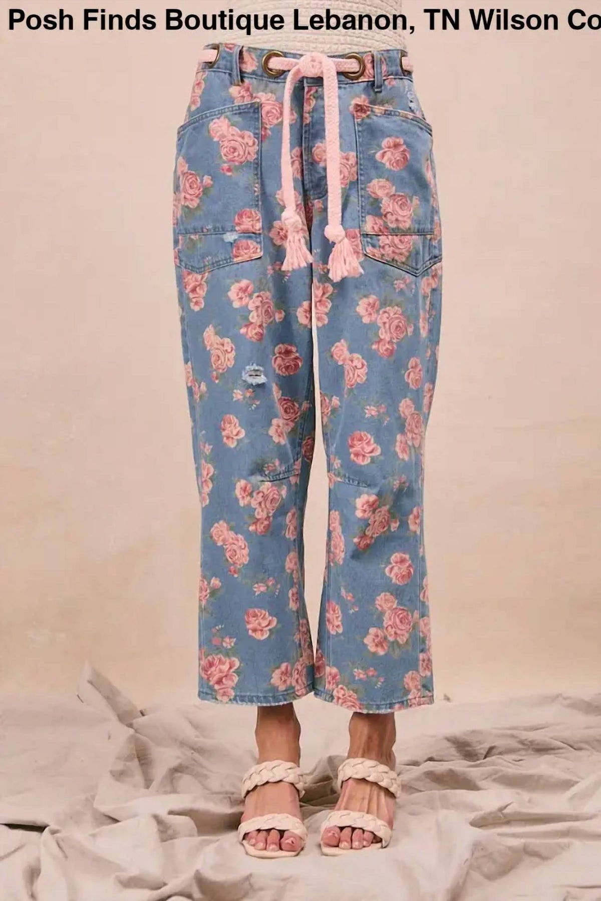 Vanilla Monkey - Women's Braided Waist Belt Patch Pocket Floral Denim Pants