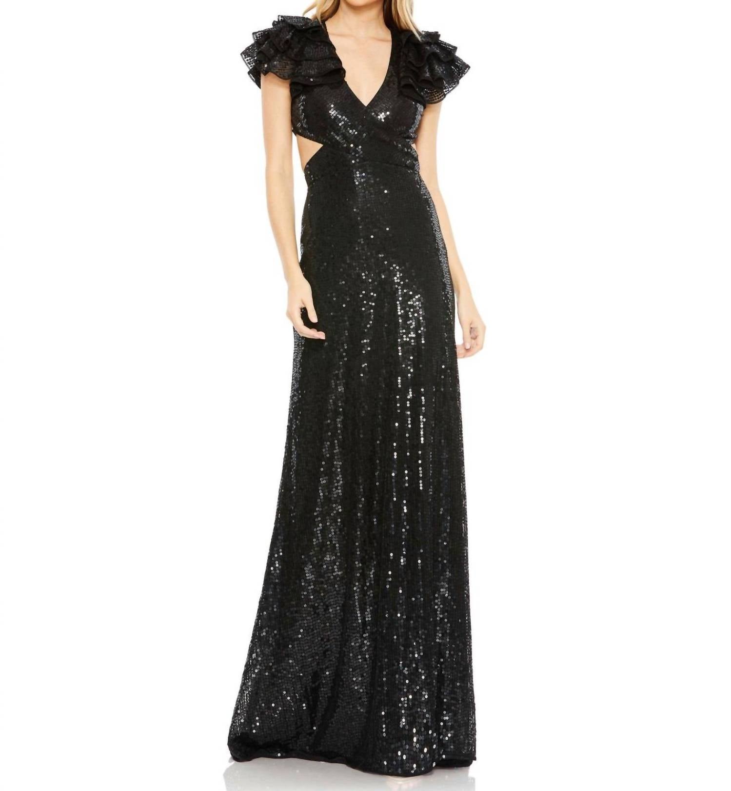 Mac Duggal - Sequin Ruffled Cut Out Lace Up Gown