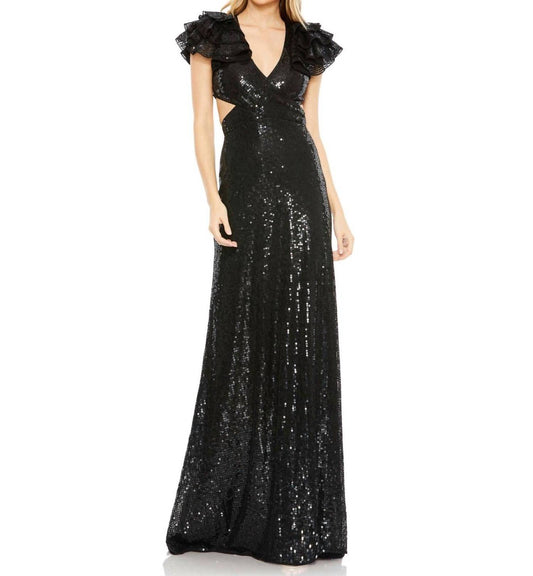 Mac Duggal - Sequin Ruffled Cut Out Lace Up Gown