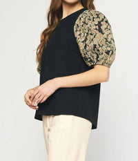 entro Floral Jacquard Sleeve Top in black - women's t-shirt - view 4