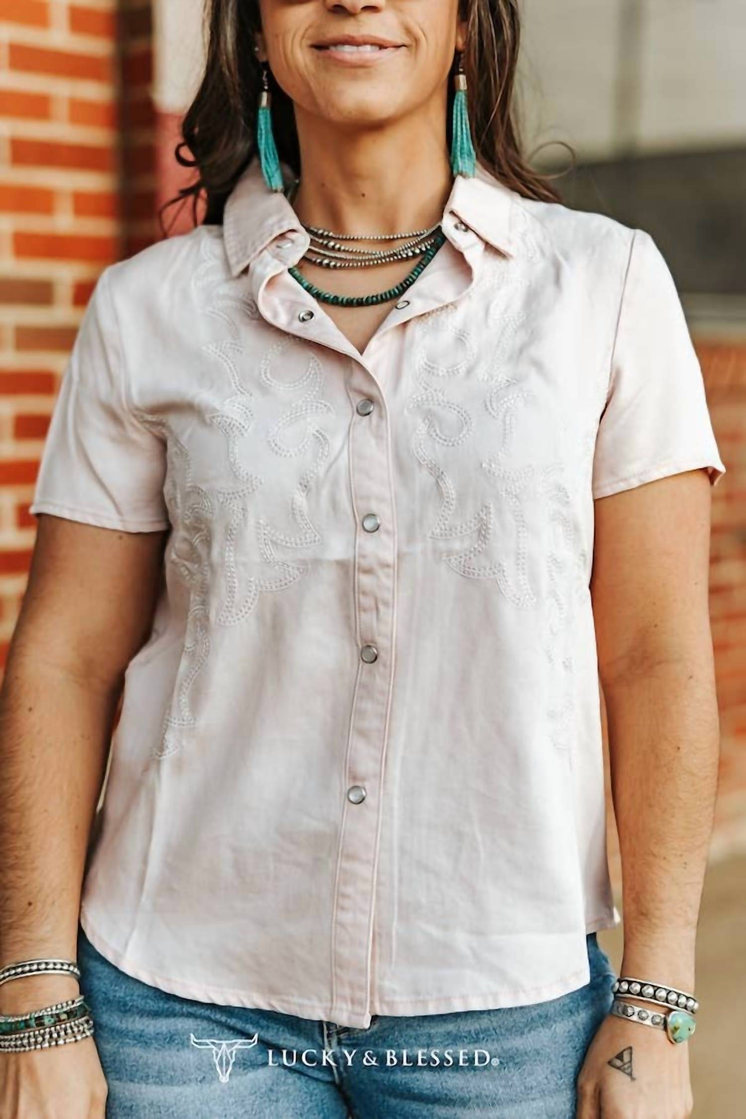 Lucky & Blessed - Embroidered Pearl Snap Short Sleeve Western Shirt