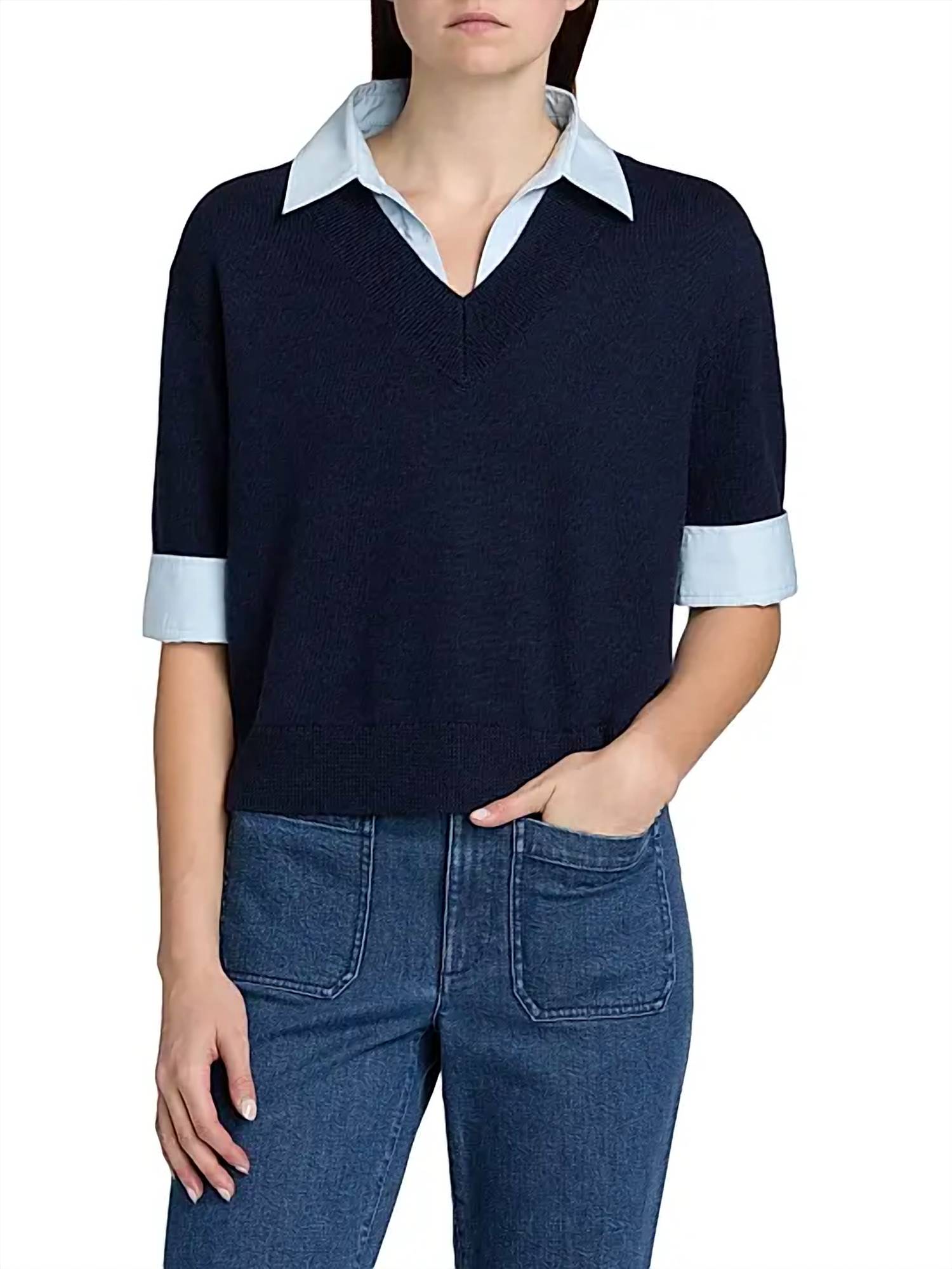 TANYA TAYLOR Esme Sweater Combo Top in maritime blue melange oxford - women's sweater
