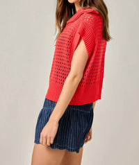 Mystree - Fishnet Zip-up Short Sleeve Sweater