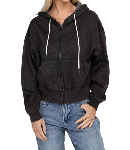 Zenana - Acid Wash Fleece Cropped Zip-Up Hoodie