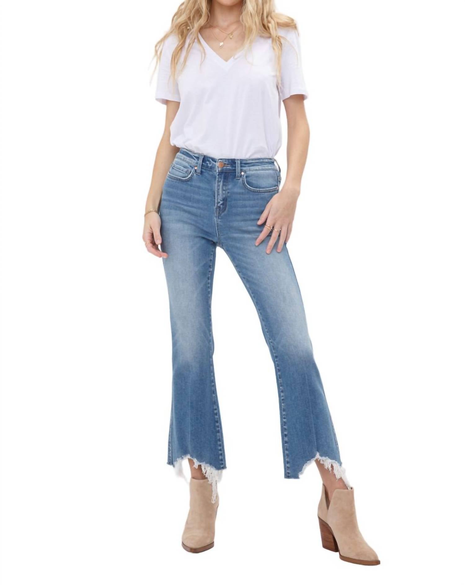mica denim High Rise Crop Non-distressed Flare Jeans in medium wash - women's jeans