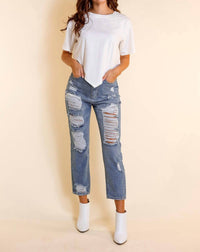 The Savannah Mid Rise Straight Fit Distressed Denim
