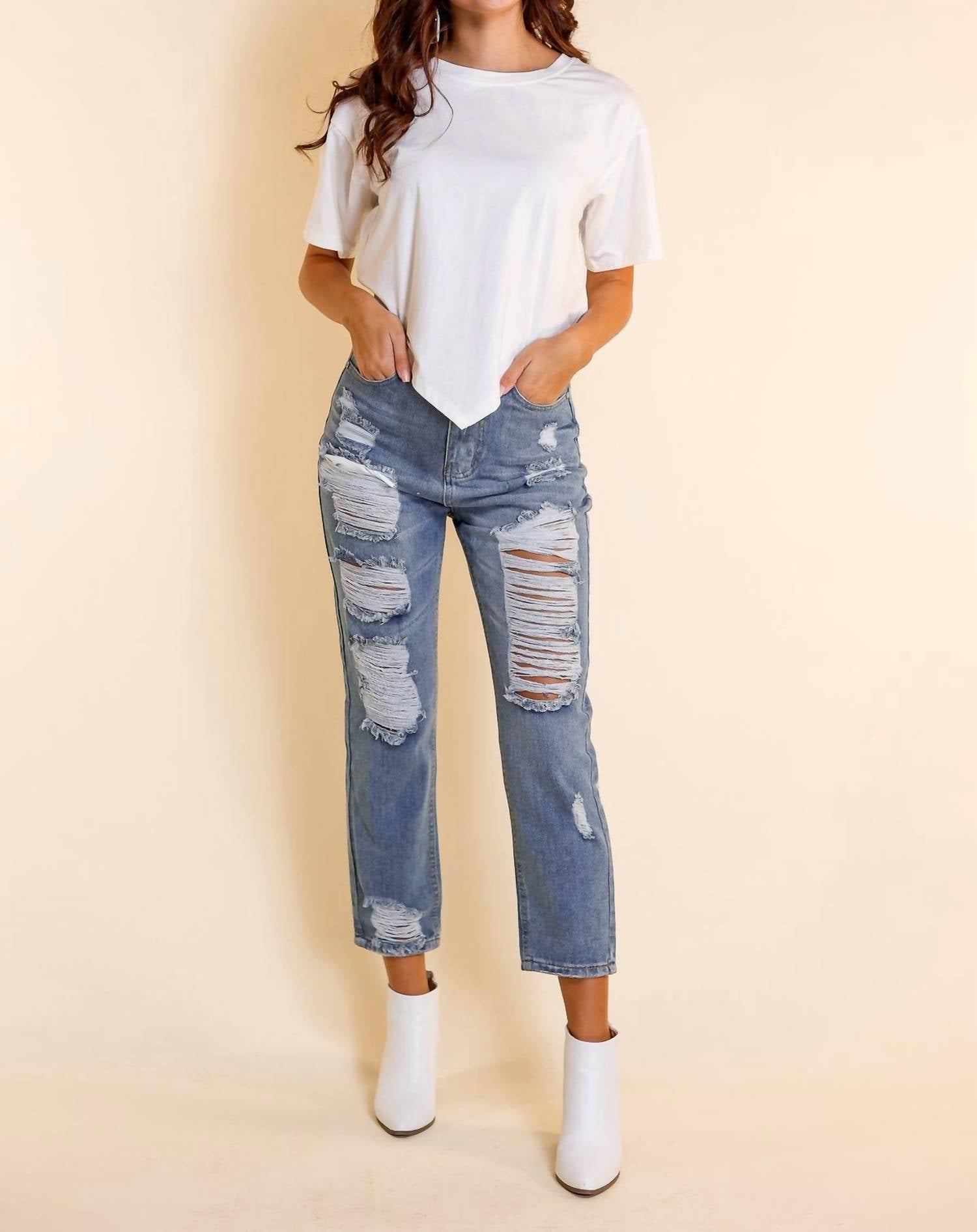 The Savannah Mid Rise Straight Fit Distressed Denim