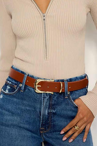 GOOD AMERICAN Women's Classic Saddle Buckle Belt in luggage - women's accessory - detail view