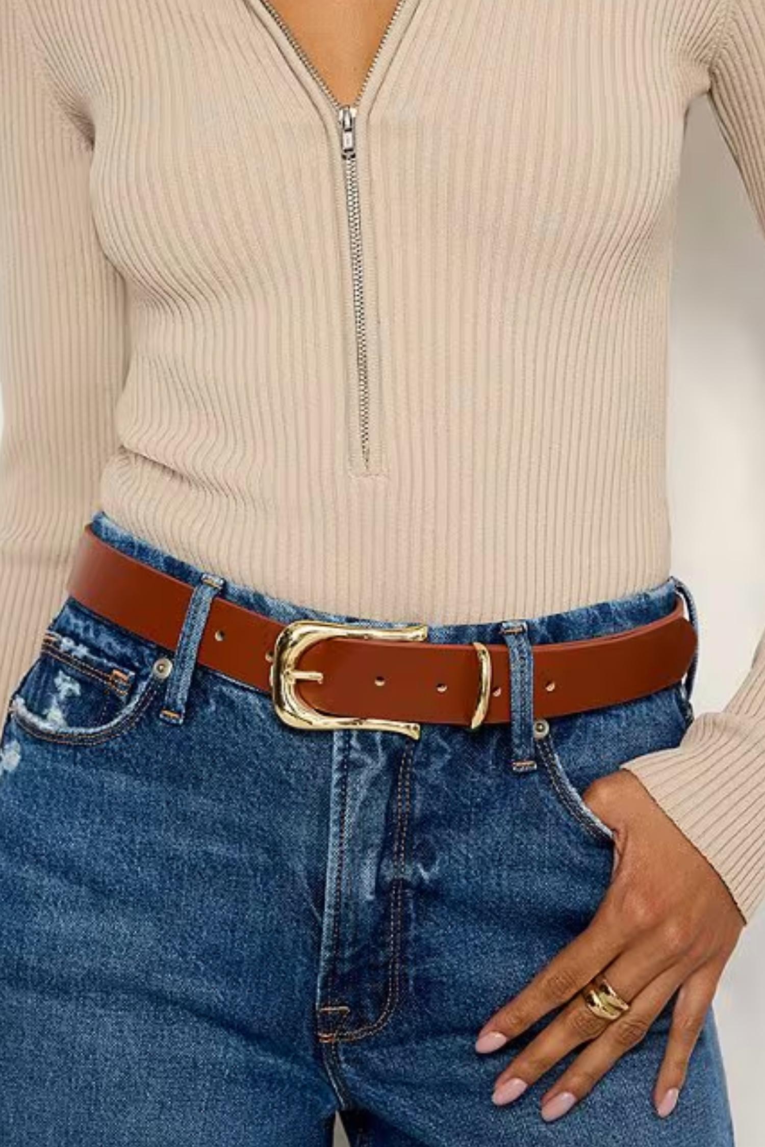 GOOD AMERICAN Women's Classic Saddle Buckle Belt in luggage - women's accessory - detail view