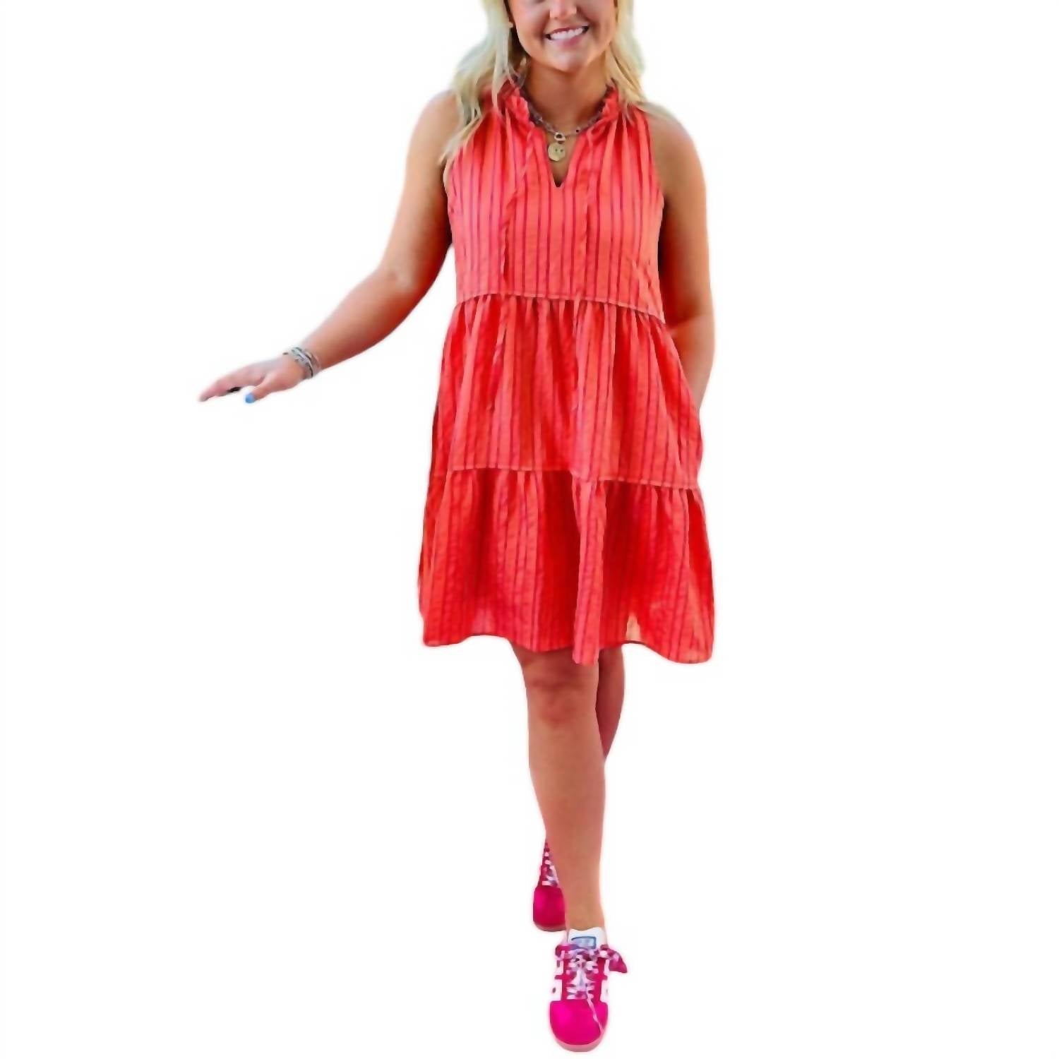 Joy Joy Women's Trim Tiered Halter Dress in orange - women's dress - detail view