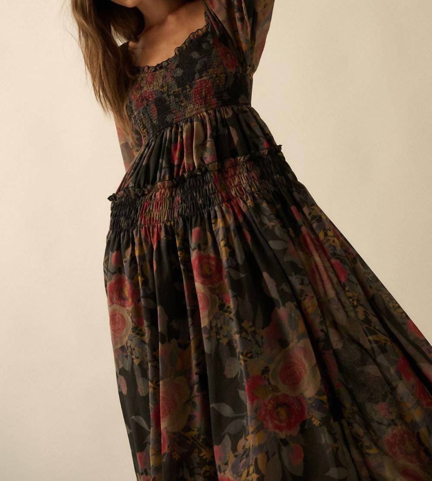 Promesa - Floral-print Smocked Bubble Sleeve Maxi Dress