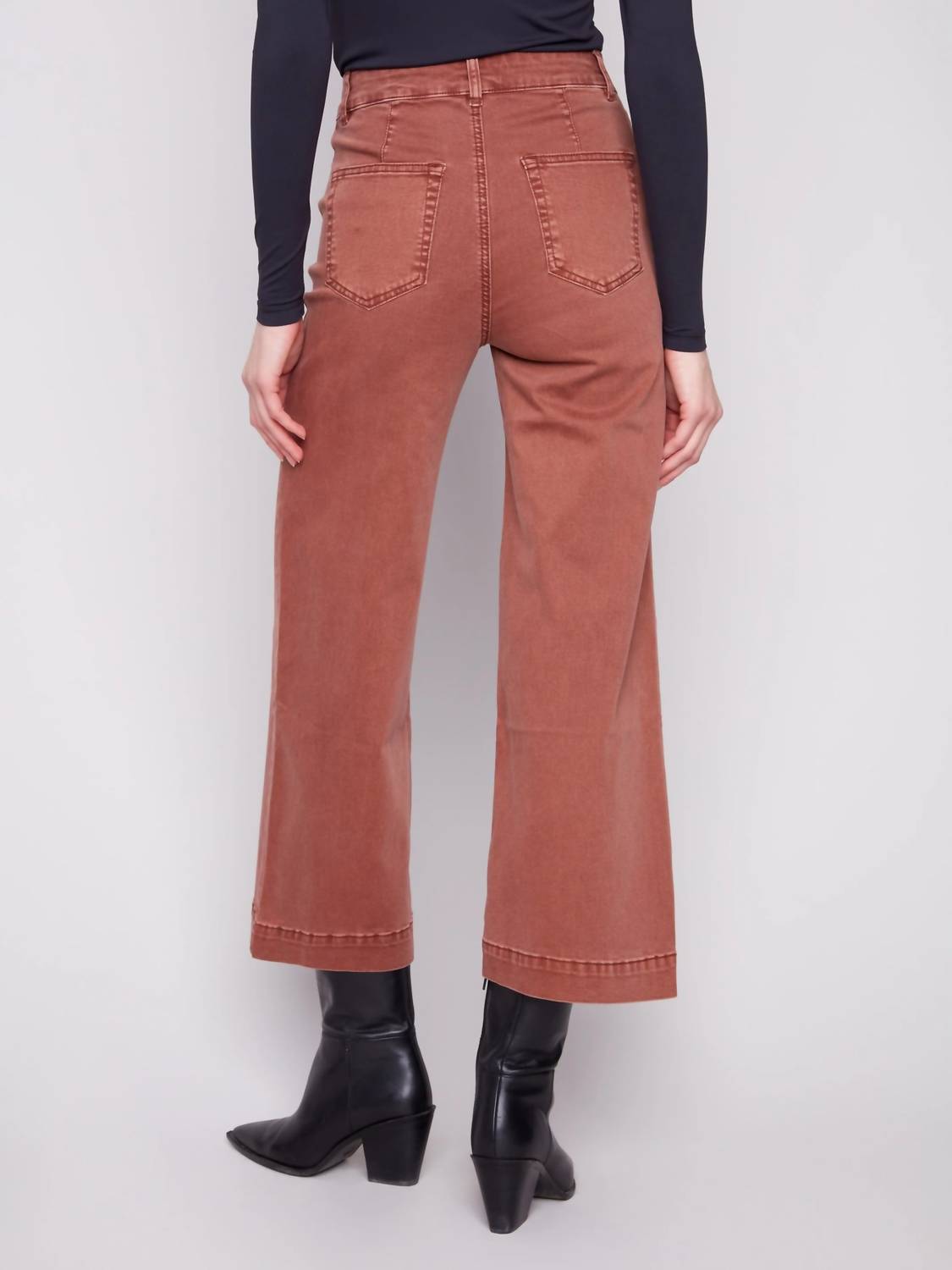 CHARLIE B Cropped Flair Legged Front Patch Pocket Pant in sepia - women's jeans - detail view