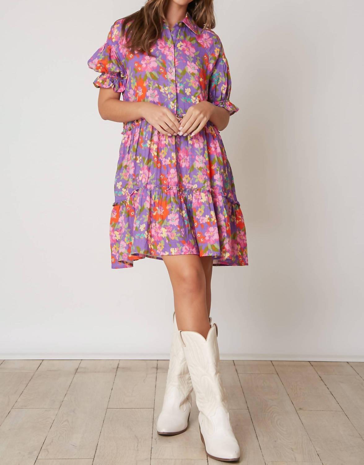 Peach Love - Georgia Floral Print Shirt Dress
