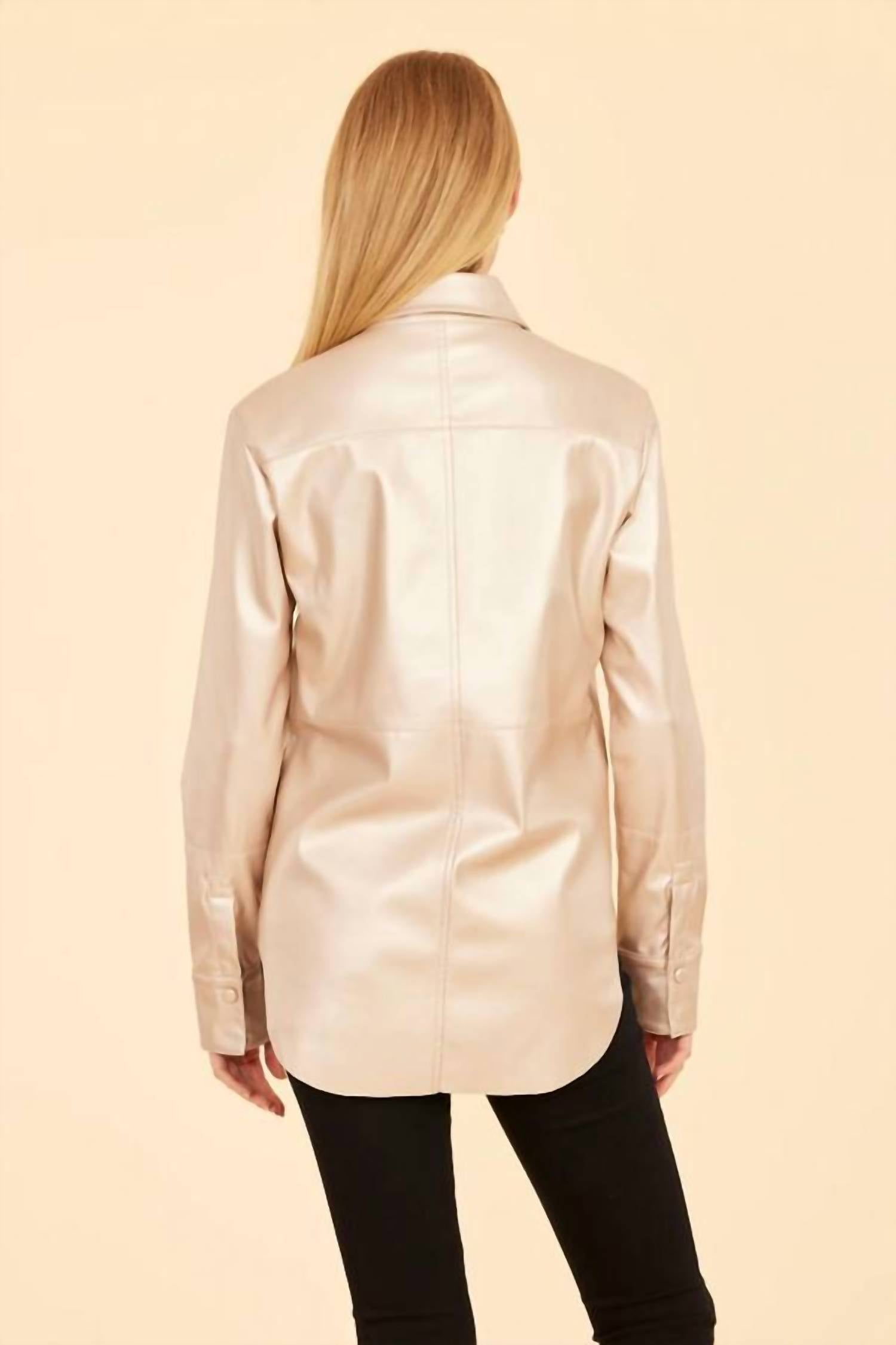 DOLCE CABO Vegan Leather Button Up Shirt in pale metallic gold - women's shirt - detail view