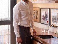 Tom Beckbe POWELL PERFORMANCE SPORT SHIRT in blue tan plaid - men's long sleeve top - detail view