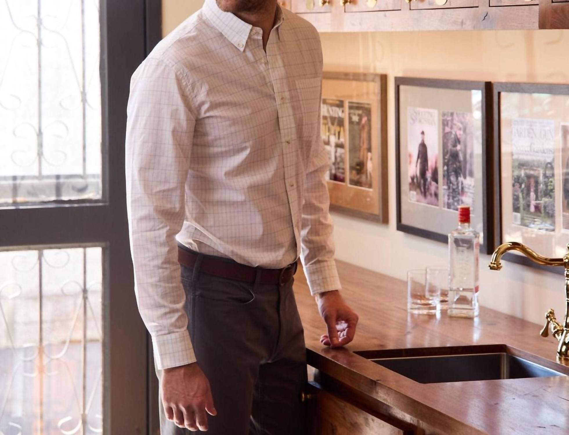 Tom Beckbe POWELL PERFORMANCE SPORT SHIRT in blue tan plaid - men's long sleeve top - detail view
