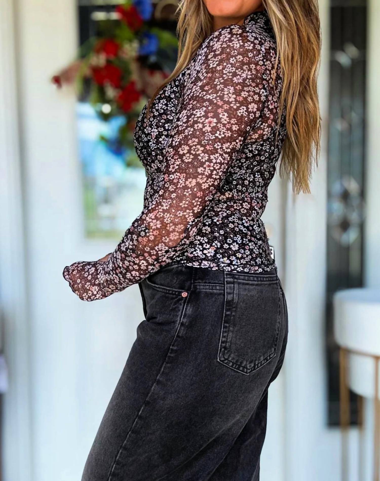 dear lover Ditsy Floral Mesh Top in multi - women's long sleeve top - detail view