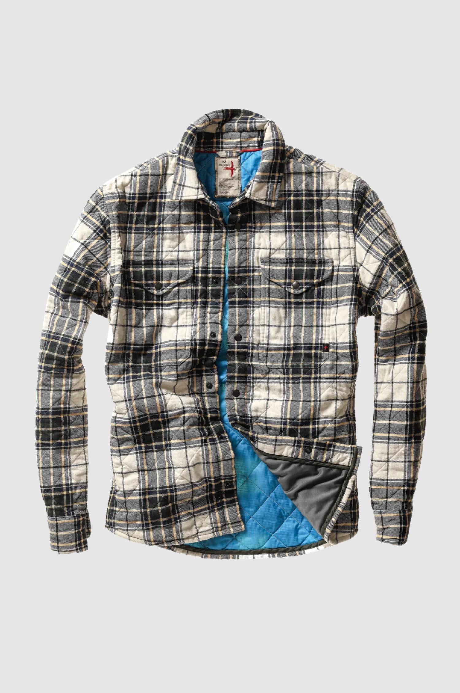 Relwen Men's Quilted Flannel Shirt Jacket in cream forest tartan - men's jacket